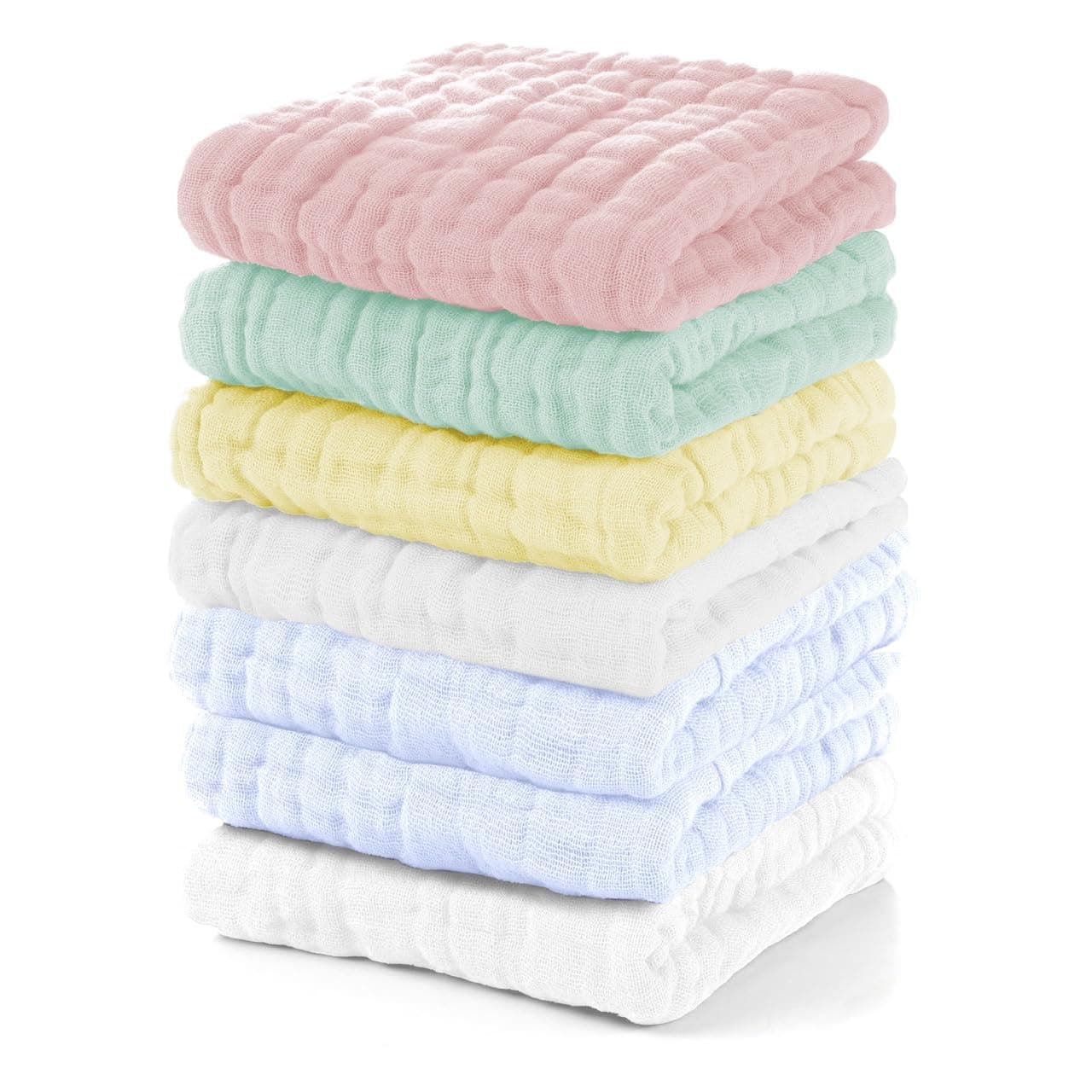 EMSAAG Muslin Baby Washcloths Pack of 7 - Soft Face Cloths for Newborn, Absorbent Baby Bath and Face Towels, 100% Cotton Baby Wipes, Burp Cloths, Feeding Towels for Babies and Infants - 10 x 10’’