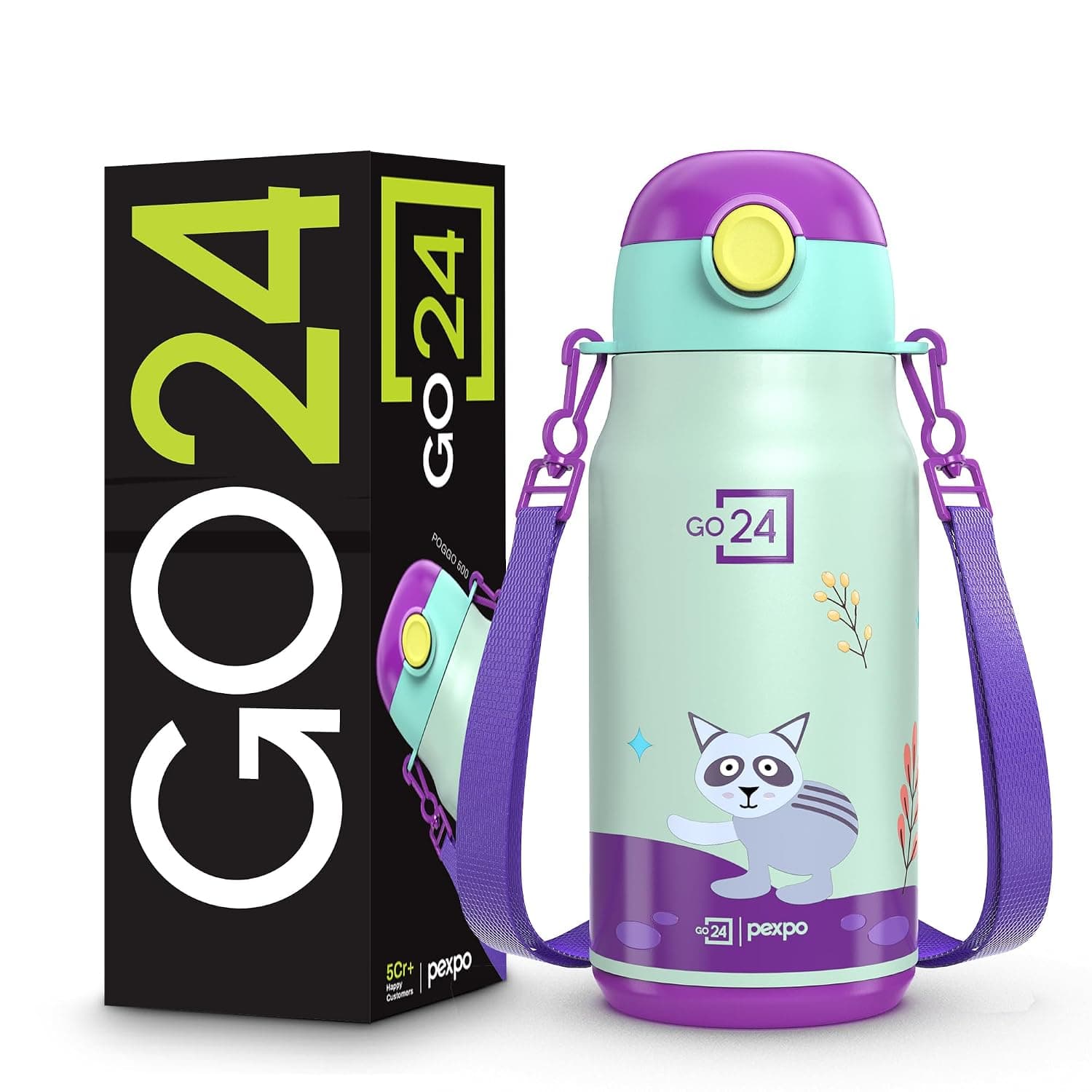 PEXPO Poggo 450 ISI Certified Stainless Steel Sipper Water Bottle for Kids 420ml Hot & Cold Flask | Vaccum Insulated Water Bottle | BPA Free | School | Picnic | Travel - Raccoon UV Printed Design