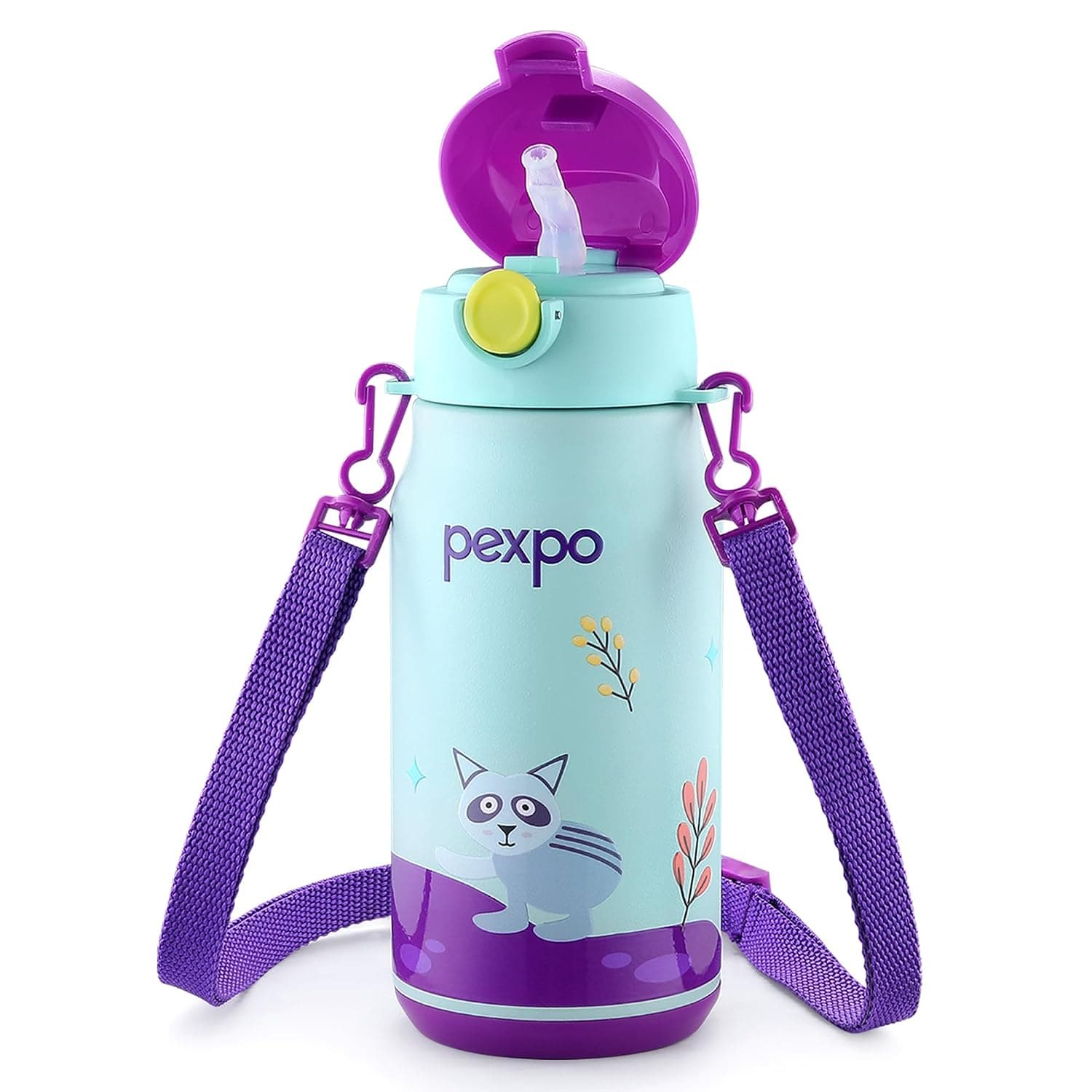 PEXPO Poggo 450 ISI Certified Stainless Steel Sipper Water Bottle for Kids 420ml Hot & Cold Flask | Vaccum Insulated Water Bottle | BPA Free | School | Picnic | Travel - Raccoon UV Printed Design